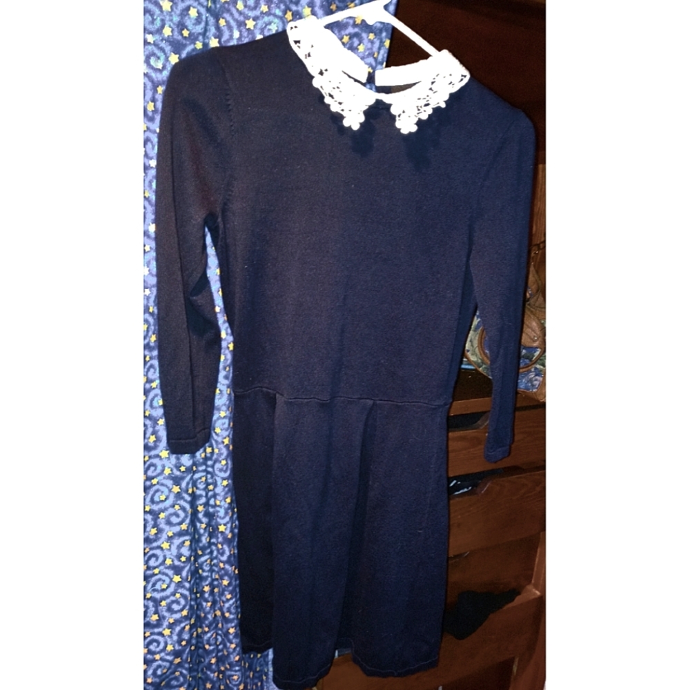 ASOS Wednesday Adams Cottagecore Long Sleeved Navy Skater Dress White Collar 🤍
